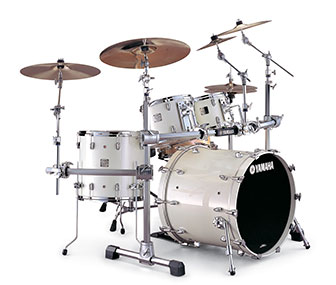 Yamaha Absolute drum set in Luminous White Sparkle finish in a bright room.