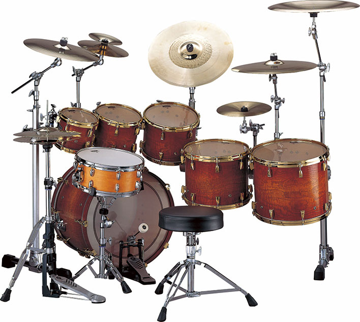 Yamaha PHX burled ash drum set textured amber sunburst with gold hardware.