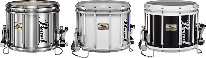 3 Pearl marching snare drums in brushed silver, white, and black finish.